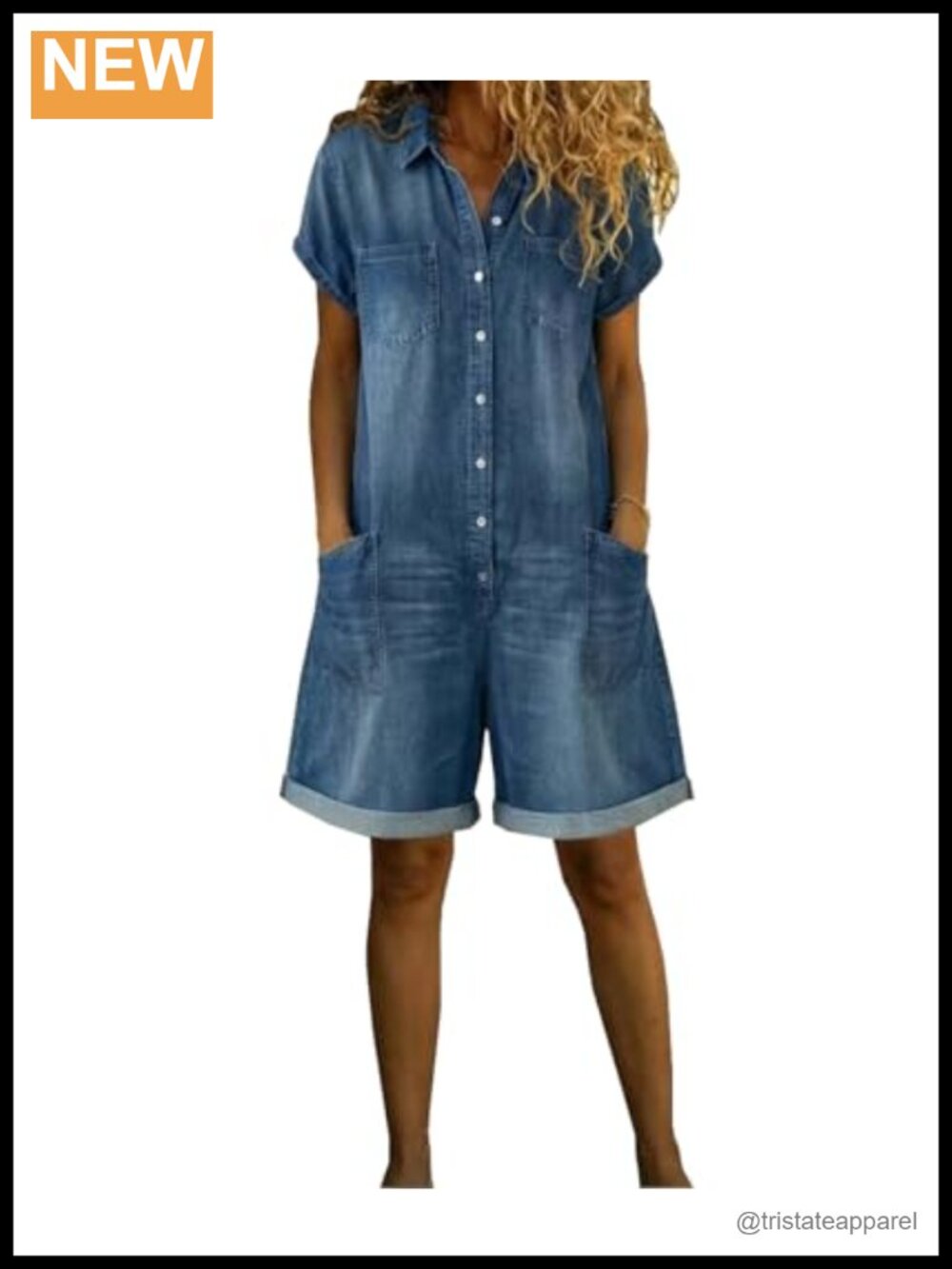 Chambray Denim Button Down Romper Short Sleeve Lapel Cuffed Hem Summer Casual